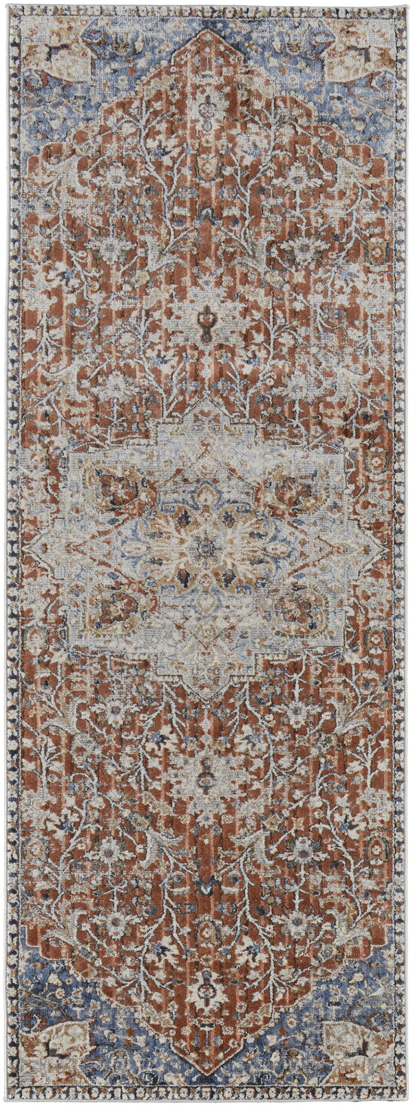 Feizy Rugs Kaia Luxurious Low Pile Area Rug – Soft, Durable Polypropylene Blend With Transitional Medallion Design Orange,Ivory,Blue Polypropylene,Viscose,Polyester Kai39hxfredblui10