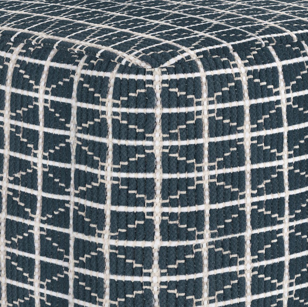 English Elm Noreen Square Pouf Ottoman — Handcrafted Cotton Woven Pattern, Supportive Dense Bead Filling, 18" Blue B136P159330