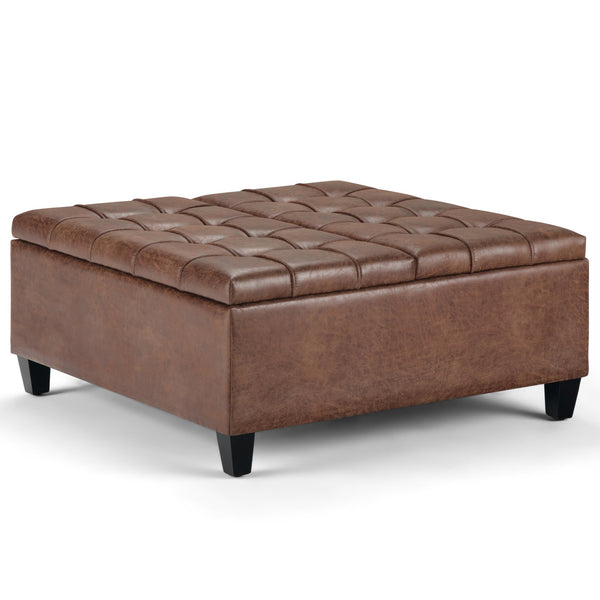English Elm Harrison Coffee Table Storage Ottoman - Distressed Umber Vegan Leather With Hidden Storage & Seating B136P159147