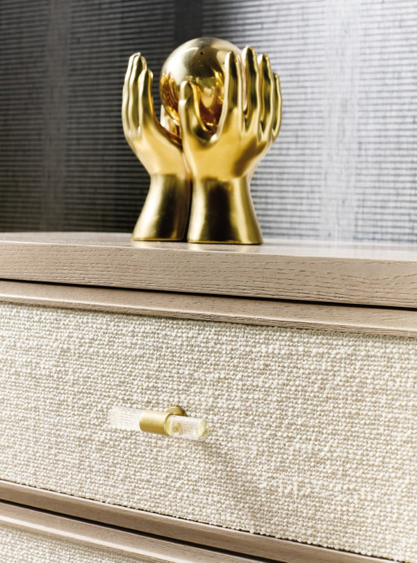 Hooker Furniture Melange Fabric-Front Nightstand With Charging Station, Polished Limestone Oak, 3 Soft-Drawers, 30"H 628-90016-80