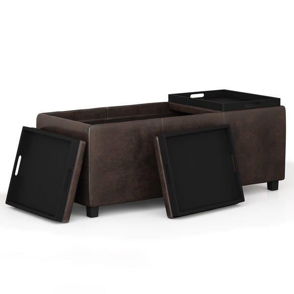 English Elm Avalon Storage Ottoman - Distressed Brown Vegan Leather With Serving Trays & Hidden Storage Solutions B136P158253