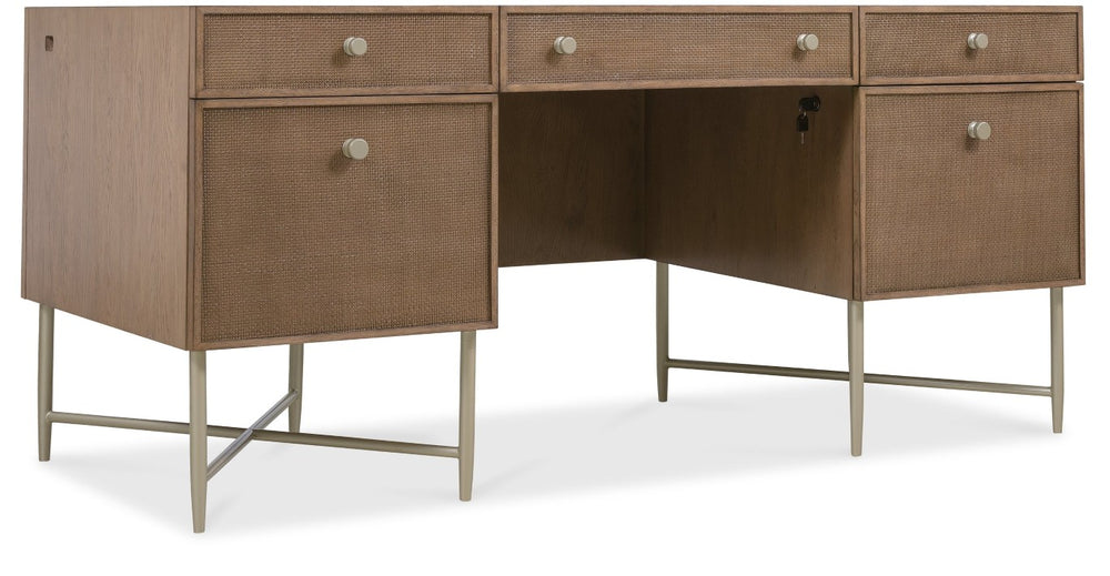 Hooker Furniture Sonnet Executive Desk With Wren Oak Veneer, Cane Drawers, Reversible Writing Surface & Wire Mgmt 6072-10462-85