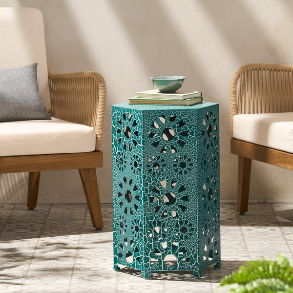 English Elm Galore Iron Patio Side Table with Sunburst Cutout and Crackle Finish for Outdoor Lounging Teal 60815.00CT