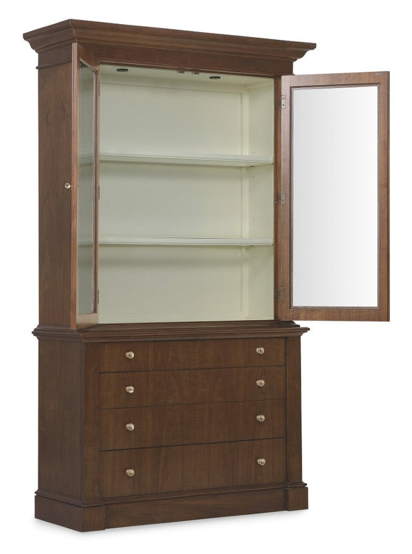 Hooker Furniture Archives Display Cabinet With Cathedral Walnut Veneer, Touch Led, Satin Brass Hardware & Storage 6123-75906-89