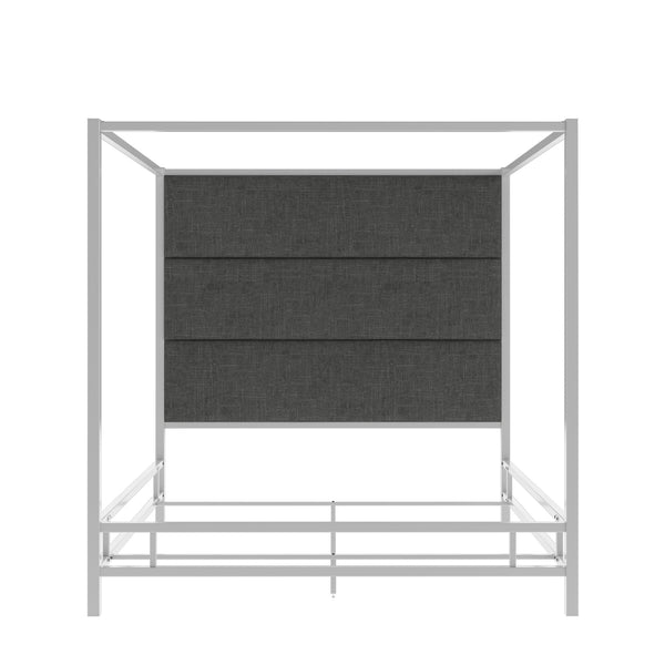 Homelegance By Top-Line Marcel Chrome Finish Metal Canopy Bed with Linen Panel Headboard Chrome Metal