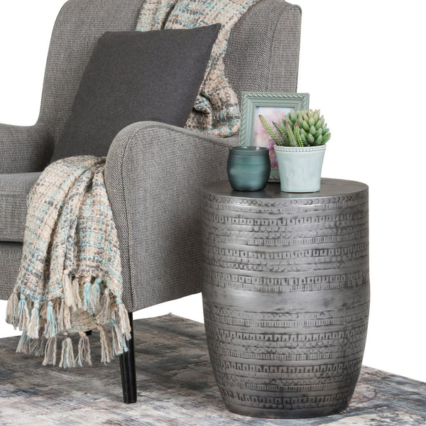 English Elm Johnsen 15-Inch Wide Handcrafted Tribal Pattern Metal Accent Table In Antique Silver Finish B136P158960