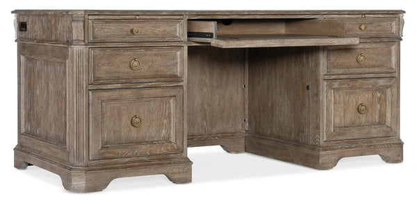 Hooker Furniture Sutter Executive Desk In Claro Distressed Oak With Champagne Hardware, 7-Drawer Storage & Slides 34.00 L x 72.00W x 31.00H 5981-10563-80