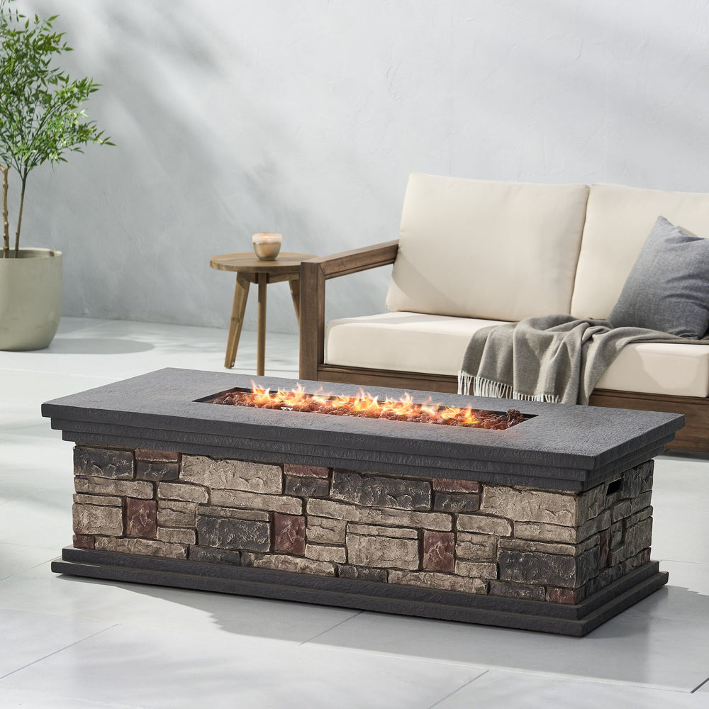 English Elm Rectangle Mgo Propane Fire Pit Faux Stone Finish 50000 Btu Outdoor Patio Centerpiece 63692.00-50K