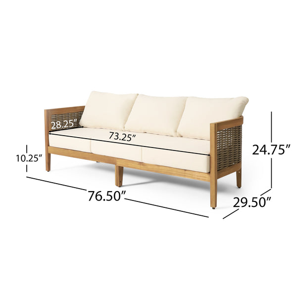 English Elm Christopher Knight Home® - 76.5'' Acacia Wood Round Wicker 3-Seater Outdoor Sofa with Teak Finish, Water-Resistant Beige Cushions 74133.00