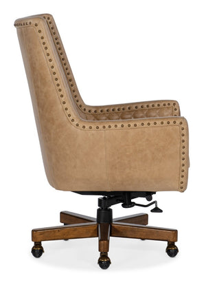 Hooker Furniture Kent Executive Swivel Tilt Chair In Venerando Bisque Leather With Quilted Back, Gold Nailhead Trim, Wood Base And Adjustable Comfort Light Brown EC206-081