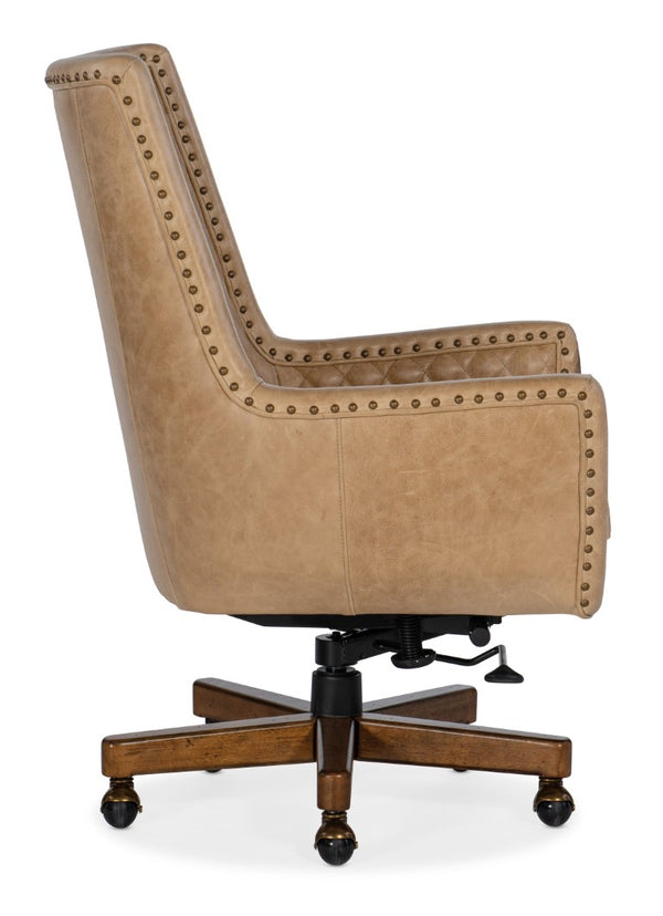 Hooker Furniture Kent Executive Swivel Tilt Chair In Venerando Bisque Leather With Quilted Back, Gold Nailhead Trim, Wood Base And Adjustable Comfort Light Brown EC206-081