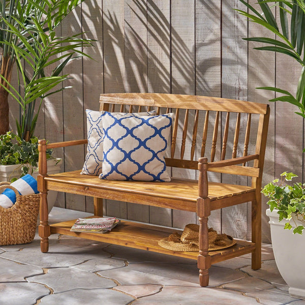 English Elm Imperial Solid Acacia Wood Farmhouse Bench with Lower Shelf for Entryway 62539.00