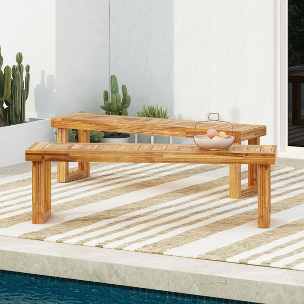 English Elm Nestor Solid Acacia Outdoor Bench Set of Two Slatted Natural Wood Patio Seating 63892.00