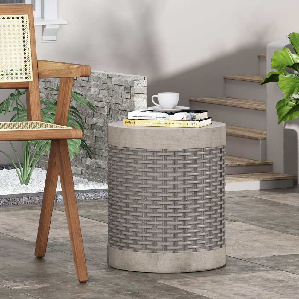 English Elm Outdoor Concrete Round Side Table Basket Weave Texture Patio Balcony Accent 73432.00
