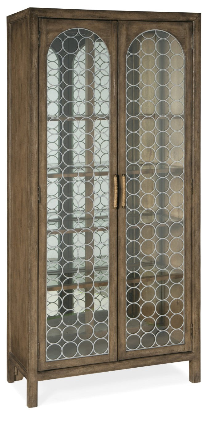 Hooker Furniture Sundance Pecan Display Cabinet With Antique Mirror Back, Metal Fretwork, Adjustable Glass Shelves & Lighting 6015-75906-89