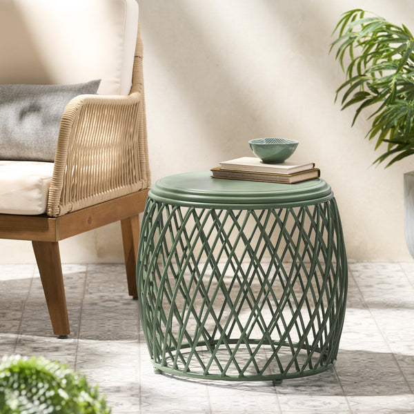 English Elm Alamera Lattice Iron Side Table Powder Coated Matte Finish for Indoor Outdoor Use 60745.00GRN