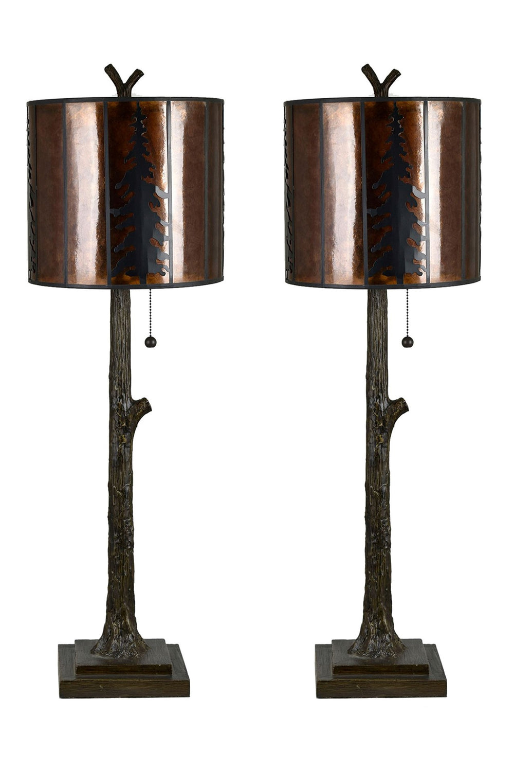 Crestview Collection 38"H Rustic Resin Buffet Lamp With Amber Mica Shade, Pine Tree Silhouettes & Unique Treetop Finial   Cvazvp129