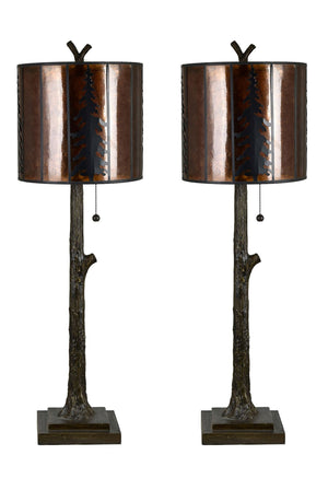 Crestview Collection 38"H Rustic Resin Buffet Lamp With Amber Mica Shade, Pine Tree Silhouettes & Unique Treetop Finial   Cvazvp129
