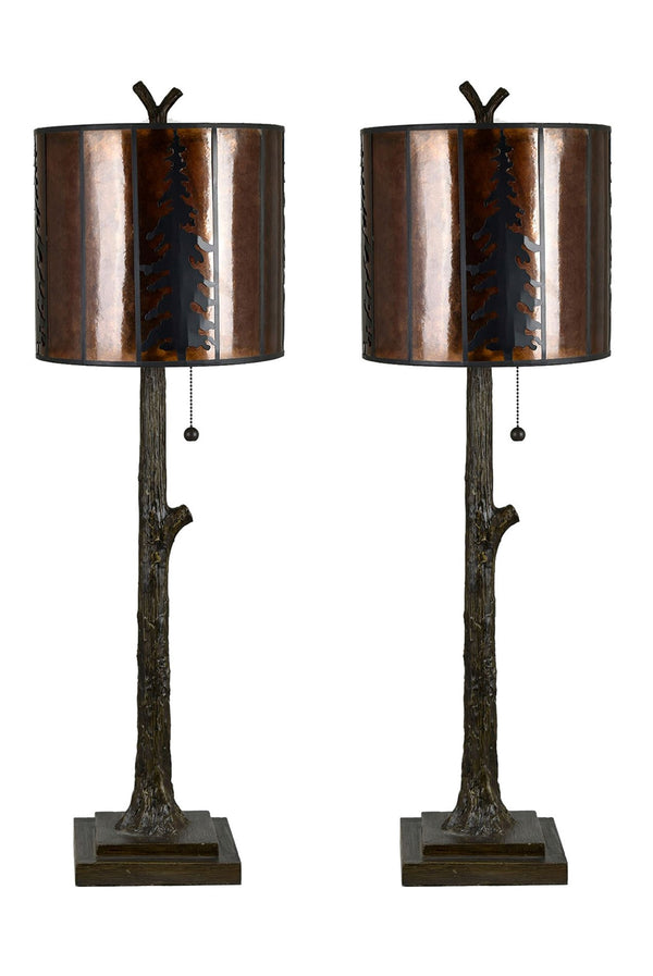 Crestview Collection 38"H Rustic Resin Buffet Lamp With Amber Mica Shade, Pine Tree Silhouettes & Unique Treetop Finial   Cvazvp129