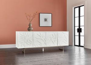 Hooker Furniture Melange Pristine White Four-Door Credenza With Raised Floral Motif, Gold Base, Touch-Latch Power Management 628-85631-02