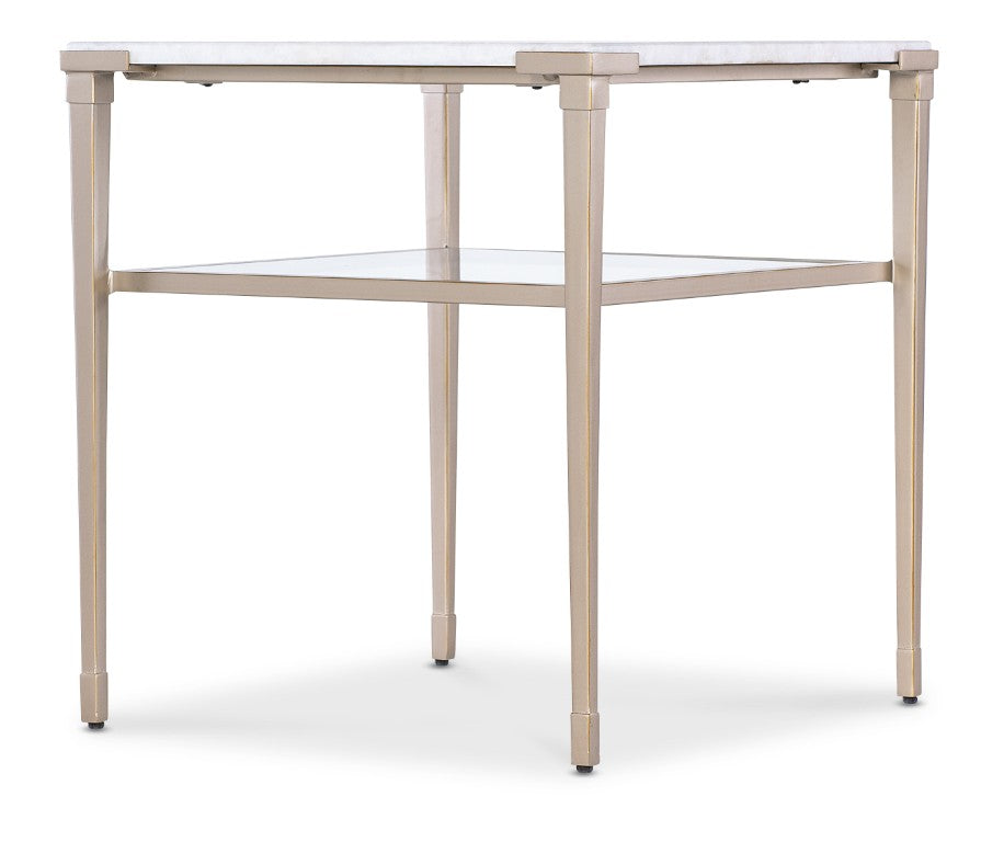 Hooker Furniture Melange Jen End Table With Natural White Stone Top, Champagne Legs & Tempered Glass Shelf, 24"H 628-80590-00