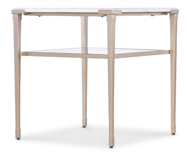 Hooker Furniture Melange Jen End Table With Natural White Stone Top, Champagne Legs & Tempered Glass Shelf, 24"H 628-80590-00