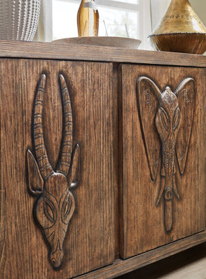 Hooker Furniture Commerce Safari Credenza With Distressed Pine & Carved Animal Motifs, Tv Console Storage W/ Cable Management (69") 7228-85099-85