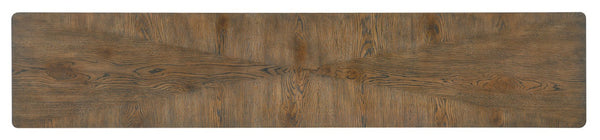 Hooker Furniture Chapman Slim Console Table In Sorrel Oak Veneer With Forged Pewter Ferrules, Distressed Art Deco Appeal 6033-85002-85