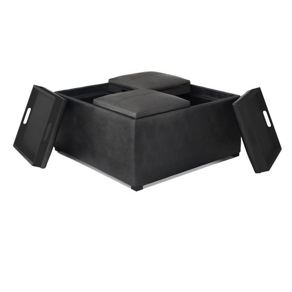English Elm Avalon Square Storage Ottoman Coffee Table - Distressed Black Vegan Leather, Modern Style & Functionality B136P159748