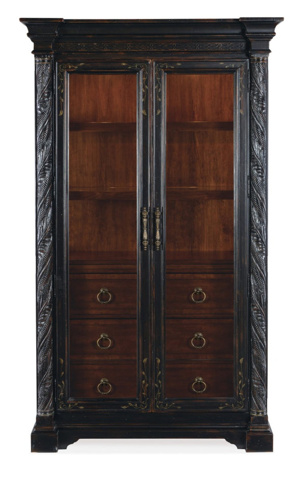 Hooker Furniture Charleston Two-Tone Display Cabinet With Glass Doors, Adjustable Shelves, Puck Lighting & Carved Accents 6750-75906-00