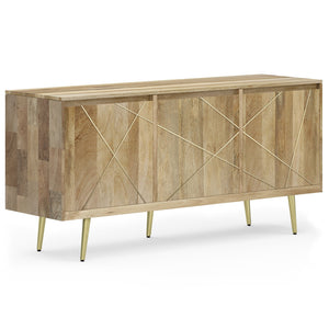 English Elm Jager Mid-Century Sideboard Buffet in Natural Mango Wood with Gold Brass Inlay & Soft-Close Doors B136P158752