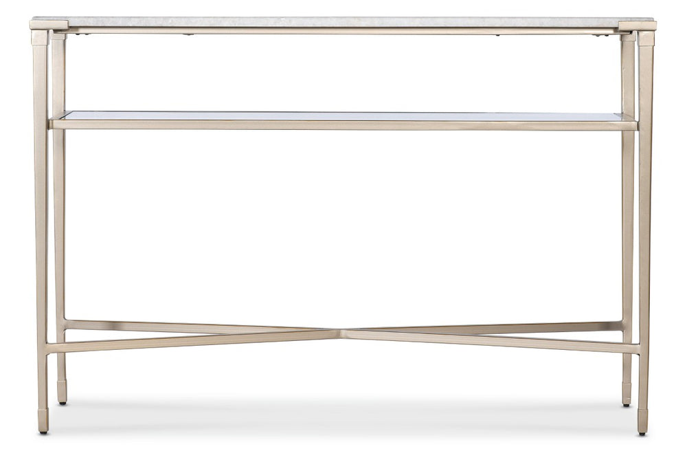 Hooker Furniture Melange Jen Console Table With White Stone Top, Champagne Tapered Legs & Glass Shelf For Entryway 628-85746-00