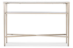 Hooker Furniture Melange Jen Console Table With White Stone Top, Champagne Tapered Legs & Glass Shelf For Entryway 628-85746-00