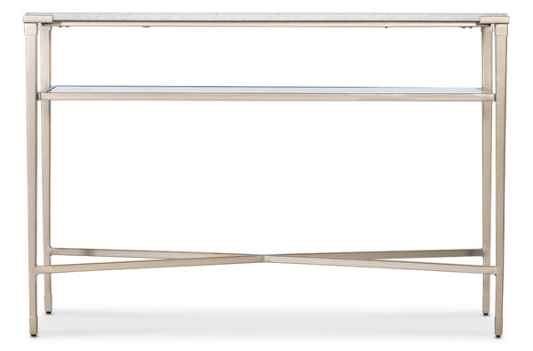 Hooker Furniture Melange Jen Console Table With White Stone Top, Champagne Tapered Legs & Glass Shelf For Entryway 628-85746-00