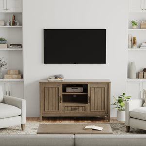 English Elm Lev Smoky Brown TV Media Stand for TVs up to 60" — Handcrafted Solid Wood, Adjustable Shelves, Cord Management, Brushed Bronze Handles B136P158821