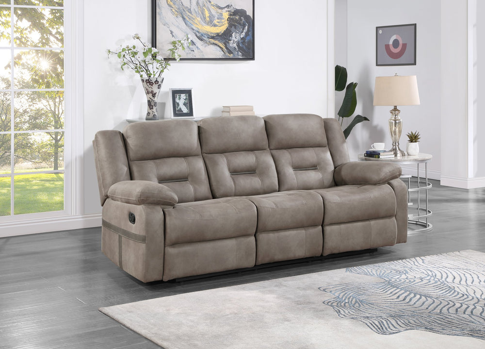 English Elm Steve Silver - Abilene Manual Sofa Tan — Microsuede Recliner with Drop-Down Console, Cupholders, Storage Pockets and Solid Wood Frame B081P157492