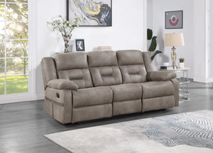 English Elm Steve Silver - Abilene Manual Sofa Tan — Microsuede Recliner with Drop-Down Console, Cupholders, Storage Pockets and Solid Wood Frame B081P157492