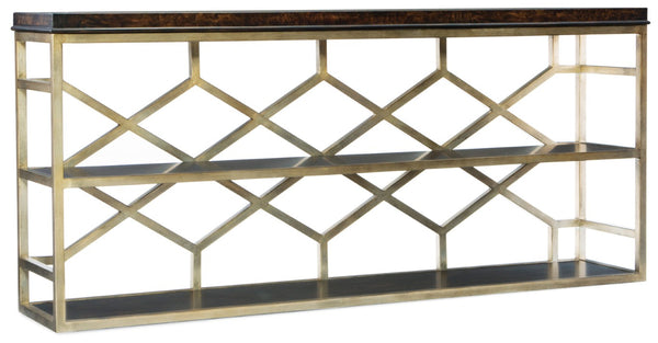 Hooker Furniture Melange Golden Madrone Burl Console Table With Champagne Diamond Fretwork Base, Shelf, Transitional Elegance 638-85290-DKW