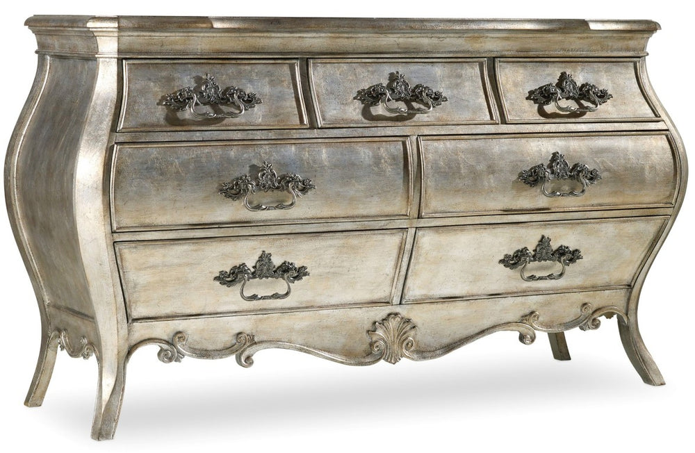 Hooker Furniture Sanctuary Silver-Leaf Dresser With 7 Felt & Cedar-Lined Drawers, Curved French Profile, 68" Wide 5413-90002