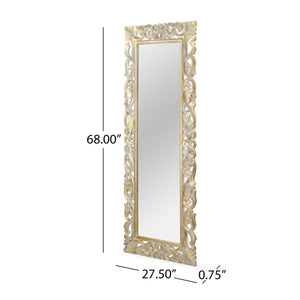 English Elm Christopher Knight Home® - RECTANGLE Hand-Carved Floral Standing Mirror, Distressed White & Gold Frame, Tempered Glass, 72" Tall 67058.00