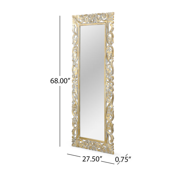 English Elm Christopher Knight Home® - RECTANGLE Hand-Carved Floral Standing Mirror, Distressed White & Gold Frame, Tempered Glass, 72" Tall 67058.00