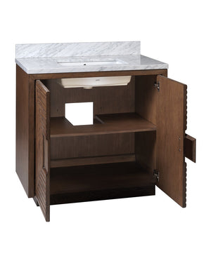 Currey & Company Morombe 36" Distressed Cocoa Marble Vanity With Rectangular Undermount Sink & Smart Storage Solutions Brown Oak Solids & Veneers ,Carrara Marble ,Vitreous China 3800-0012-currey-company