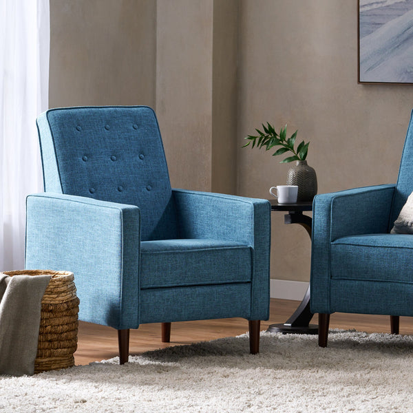 English Elm Christopher Knight Home® - Fabric Recliner Chair Mid-Century Modern Pushback Single Sofa with Tufted Cushion, Birch Legs, Cozy Comfort Blue 60741.00MBLU