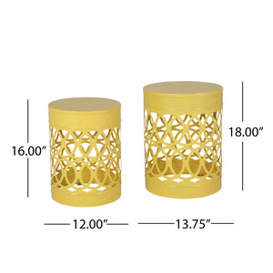 English Elm Outdoor Powder-coated Iron Nesting Accent Tables Set of 2 Laser-cut Circle Design Yellow 73606.00YLW