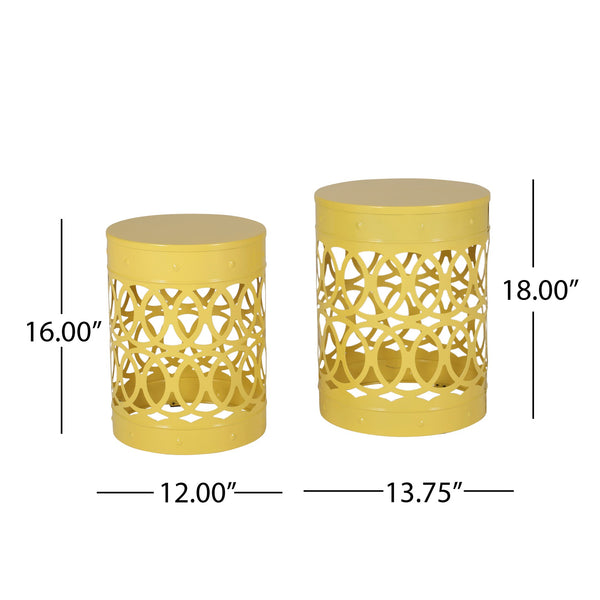 English Elm Outdoor Powder-coated Iron Nesting Accent Tables Set of 2 Laser-cut Circle Design Yellow 73606.00YLW
