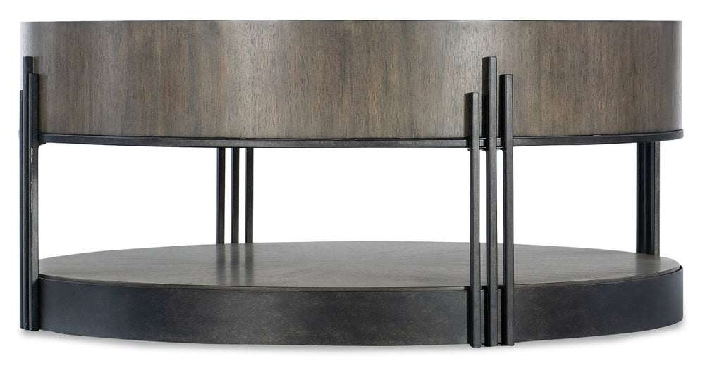 Hooker Furniture Commerce Round Skyline Cocktail Table With Acacia Starburst Veneer, Dark Bronze Banding & Legs 7228-80167-85