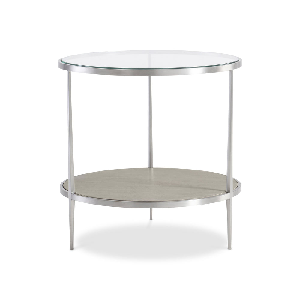 Bernhardt Bernhardt Cornelia Round Side Table With Brushed Stainless Frame, Tempered Glass Top & Wood Shelf - Nebbia Finish 331125
