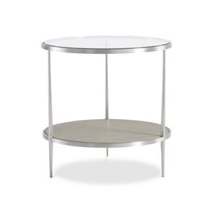 Bernhardt Bernhardt Cornelia Round Side Table With Brushed Stainless Frame, Tempered Glass Top & Wood Shelf - Nebbia Finish 331125