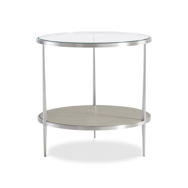 Bernhardt Bernhardt Cornelia Round Side Table With Brushed Stainless Frame, Tempered Glass Top & Wood Shelf - Nebbia Finish 331125
