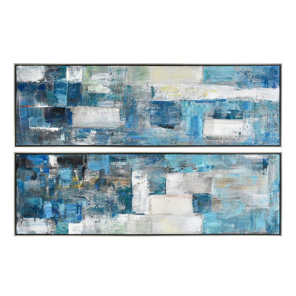 Atlas Blue Hand-Painted Wall Art Set of 2 - Modern Canvas Panels with Vibrant Colors & Silver Frames WA11012-01S